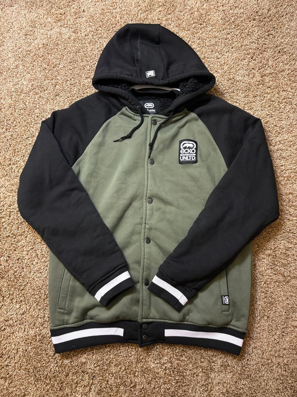 Ecko Unltd. Faux Shearling Lined Hooded Jacket Mens Size Medium Olive